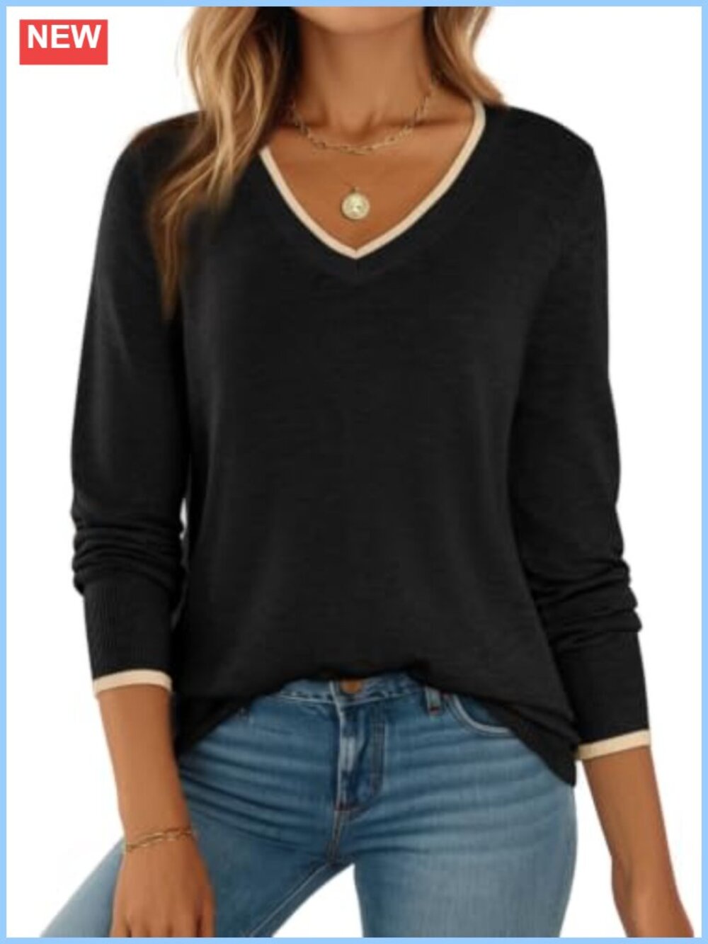 Wool Blend V-Neck Long Sleeve Knit Pullover Sweater Casual Fall Top